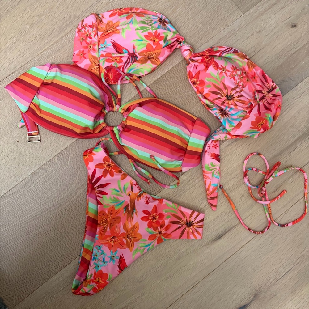 3 pc reversible Skatie Pink Floral & Multicolor Stripe Bikini Set